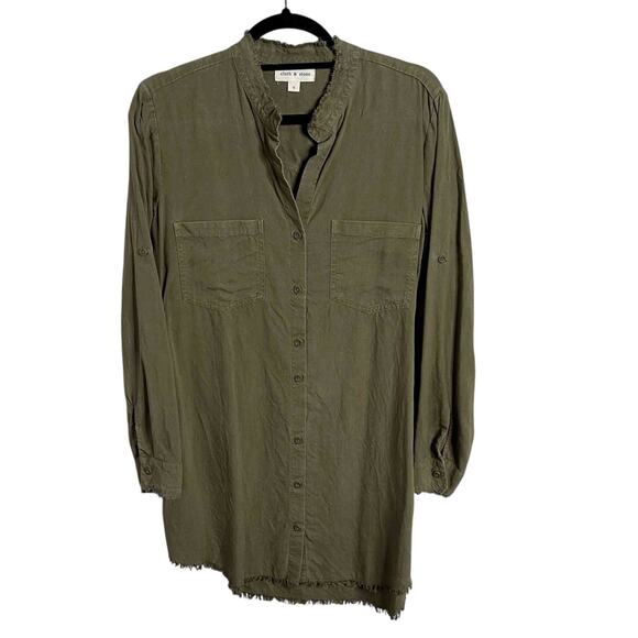 Women's Cloth & Stone Western Fray Shirt Dress Burnt Olive Tencel Lyocell Size S - Picture 2 of 7